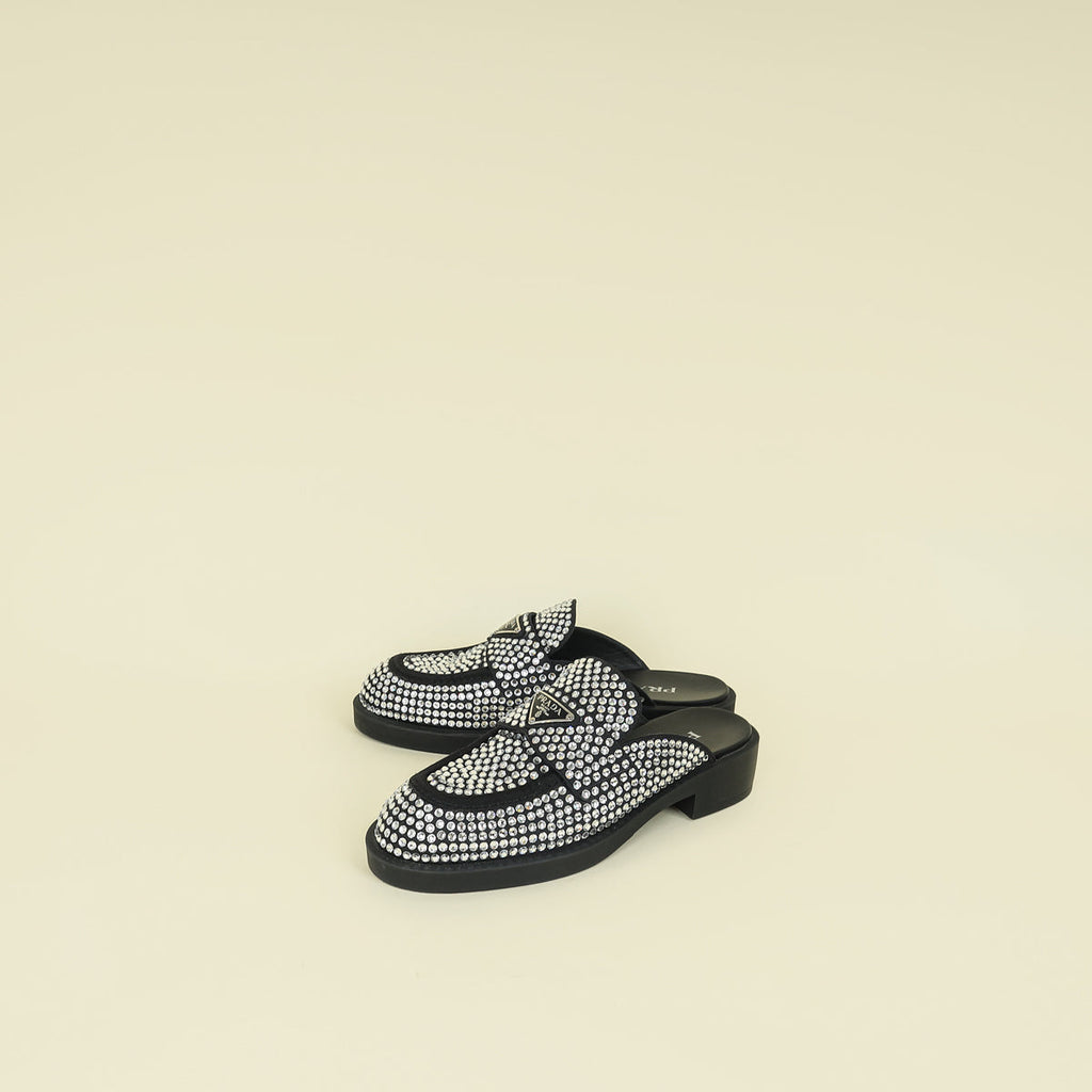 Prada Black Crystal Loafer Mules 37.5