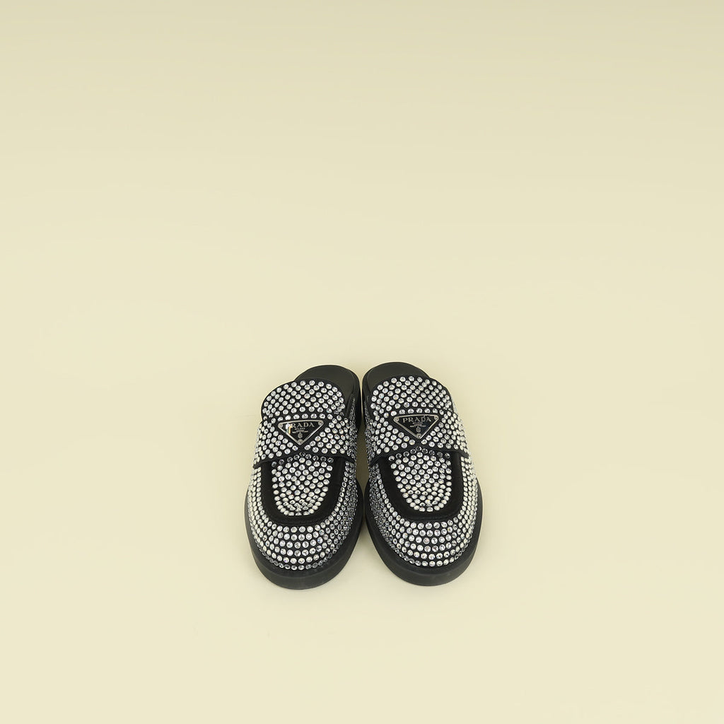 Prada Black Crystal Loafer Mules 37.5