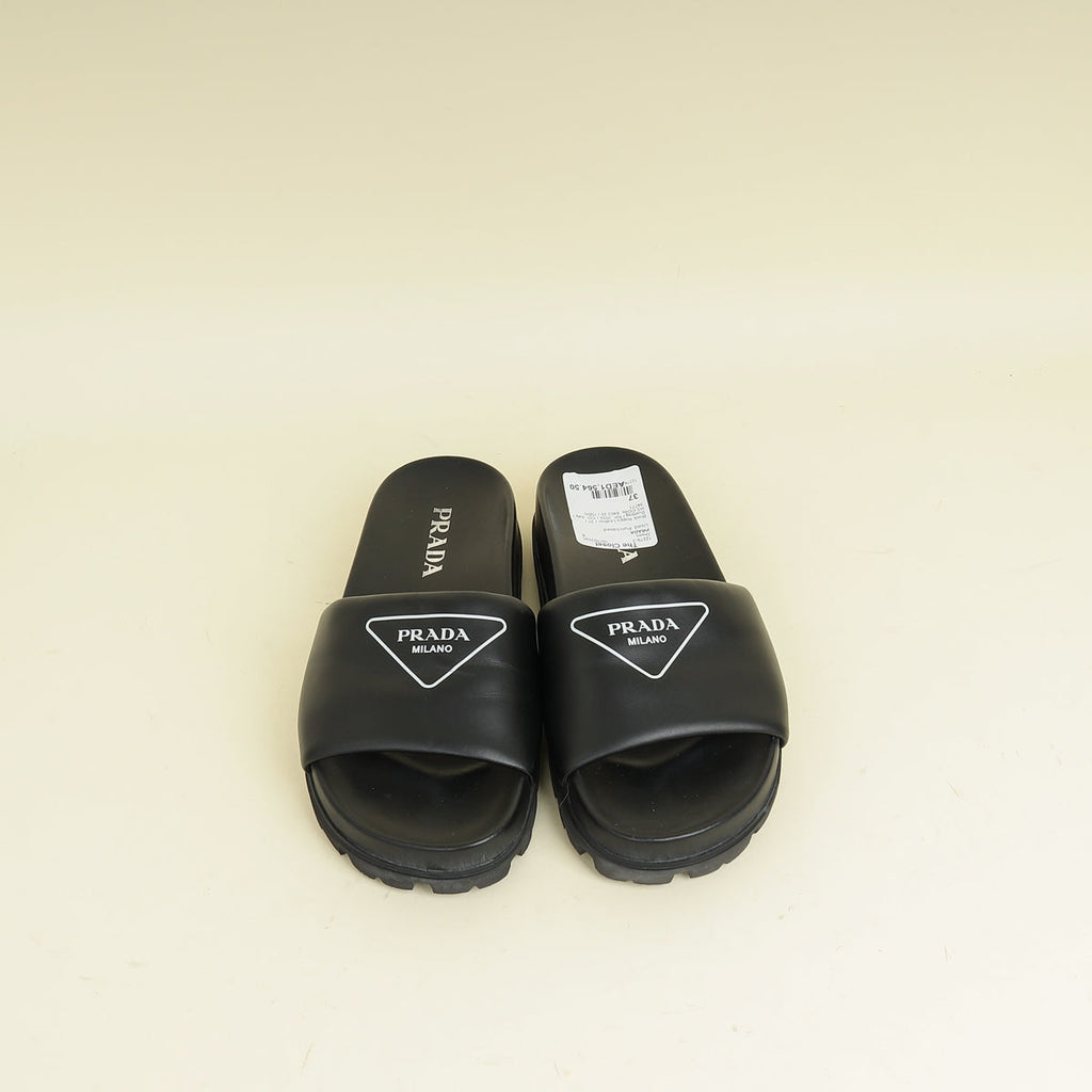 Prada Black Triangle Logo Slide Sandal 37