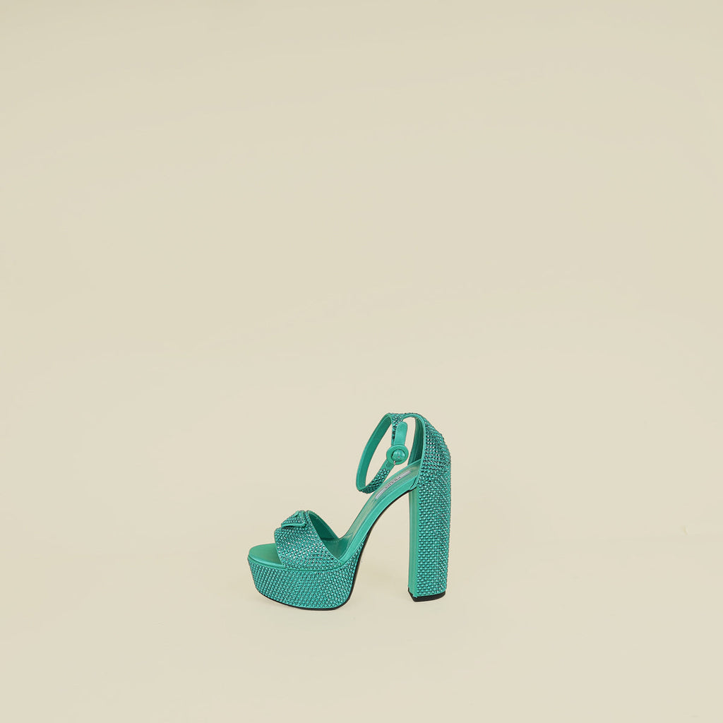Prada Green Crystal Satin Platform Sandals 37
