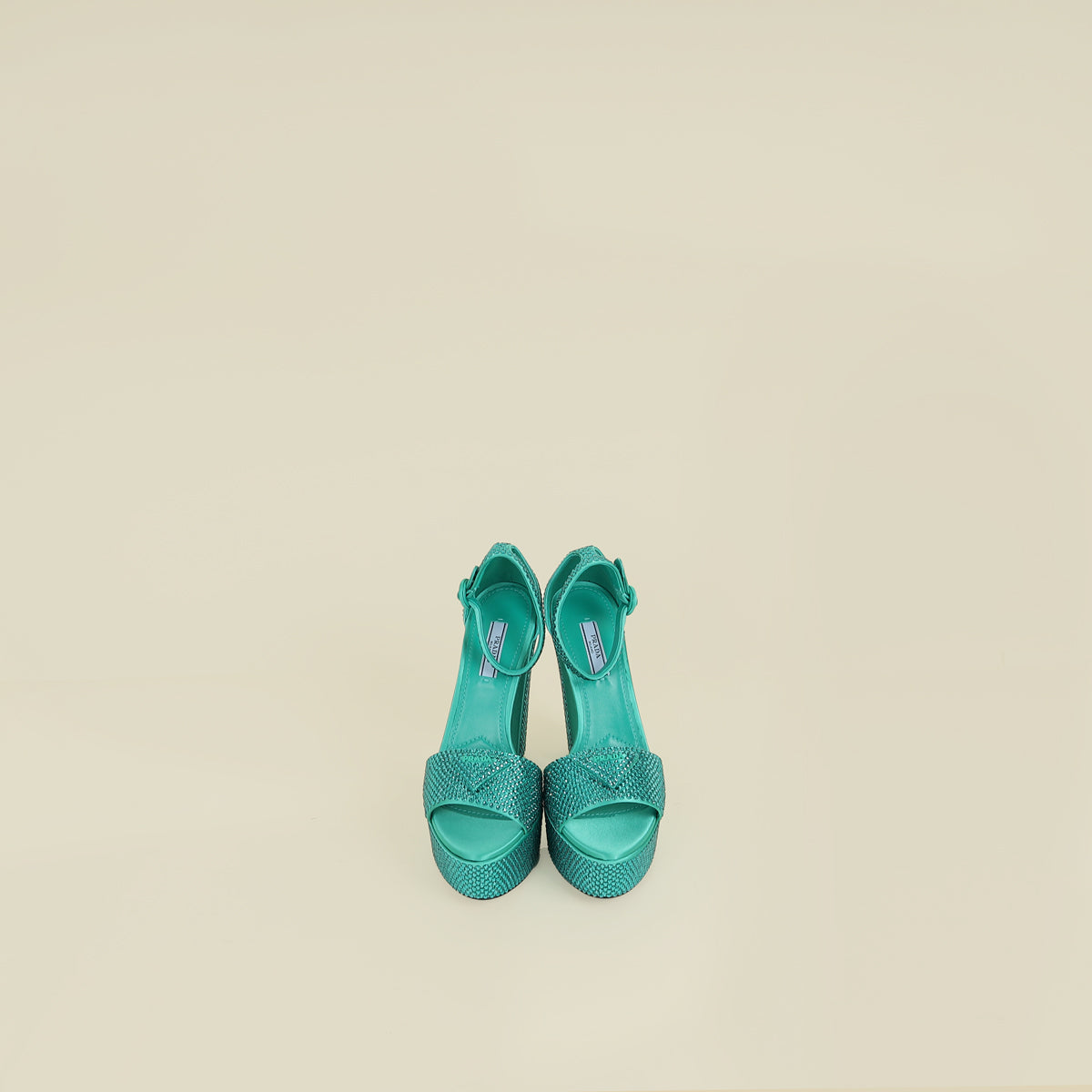 Prada Green Crystal Satin Platform Sandals 37