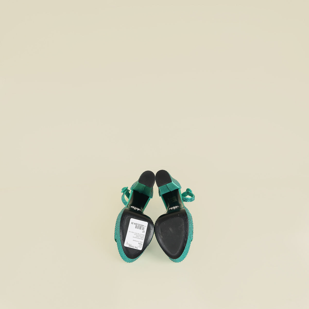 Prada Green Crystal Satin Platform Sandals 37
