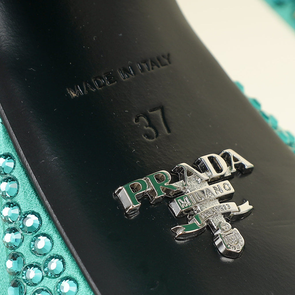 Prada Green Crystal Satin Platform Sandals 37