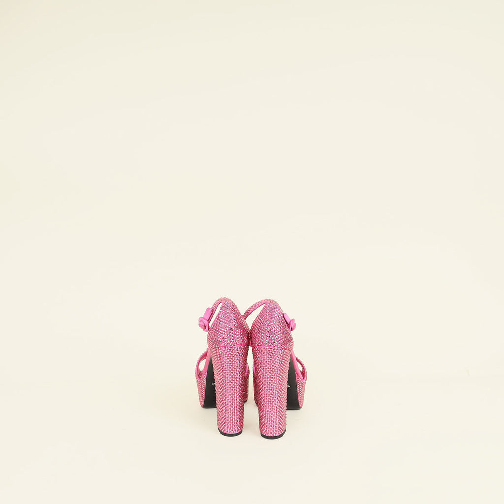 Prada Fuchsia Crystal Satin Platform Sandals 37