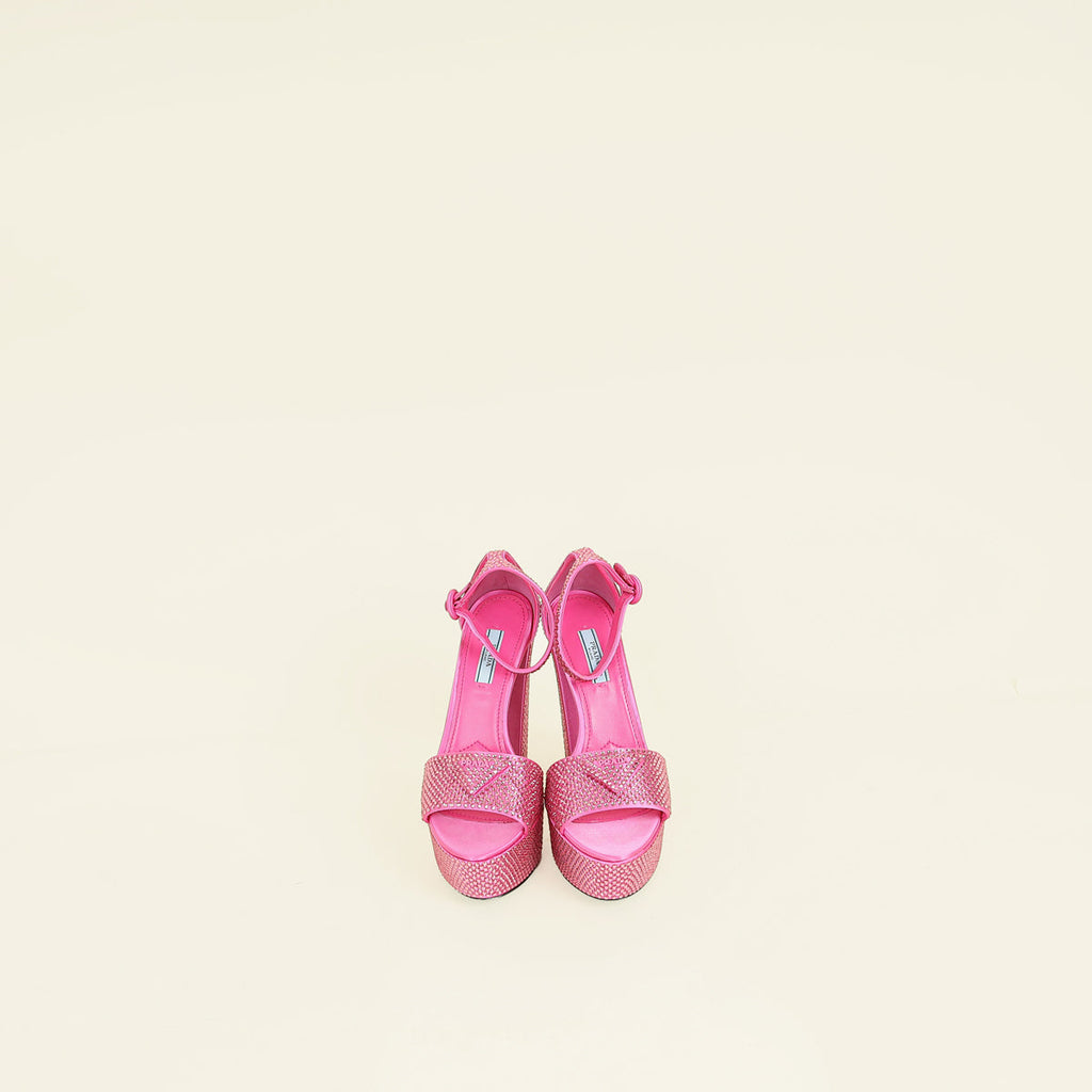 Prada Fuchsia Crystal Satin Platform Sandals 37
