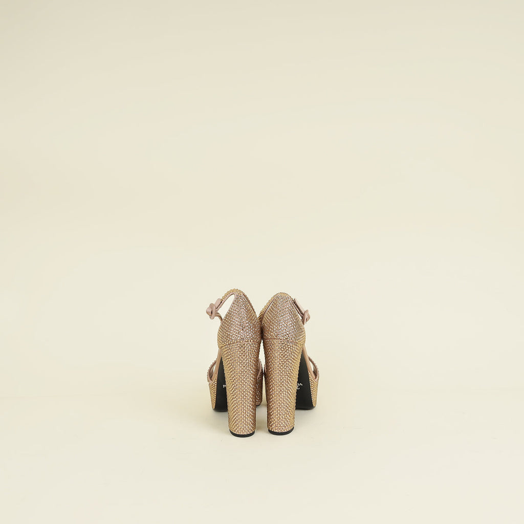 Prada Pink Nude Crystal Satin Platform Sandals 37