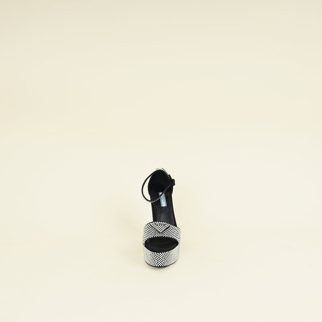 Prada Black Crystal Satin Platform Sandals 37