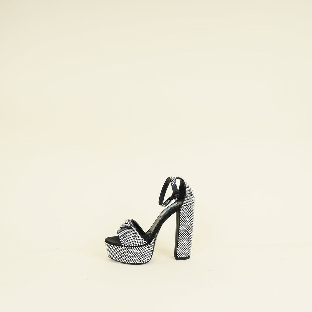 Prada Black Crystal Satin Platform Sandals 37