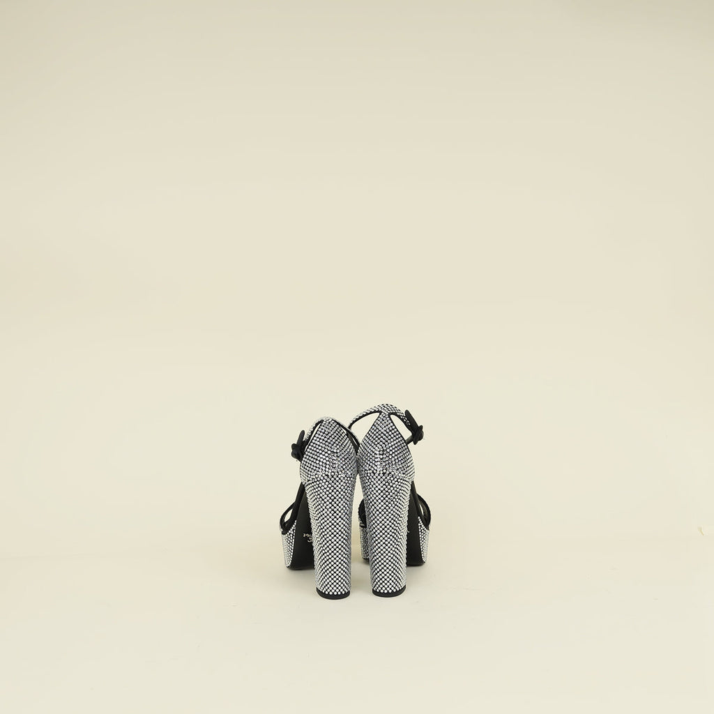 Prada Black Crystal Satin Platform Sandals 37