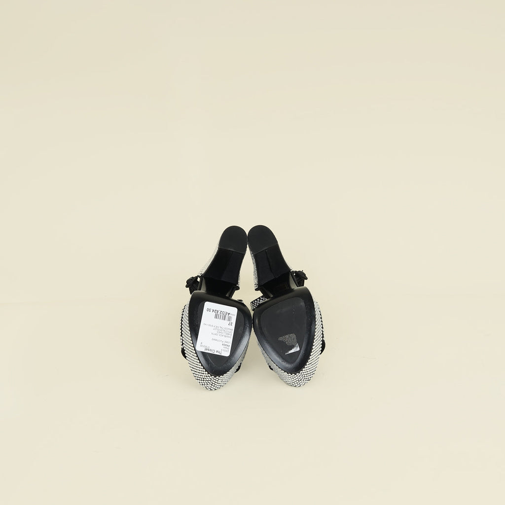 Prada Black Crystal Satin Platform Sandals 37