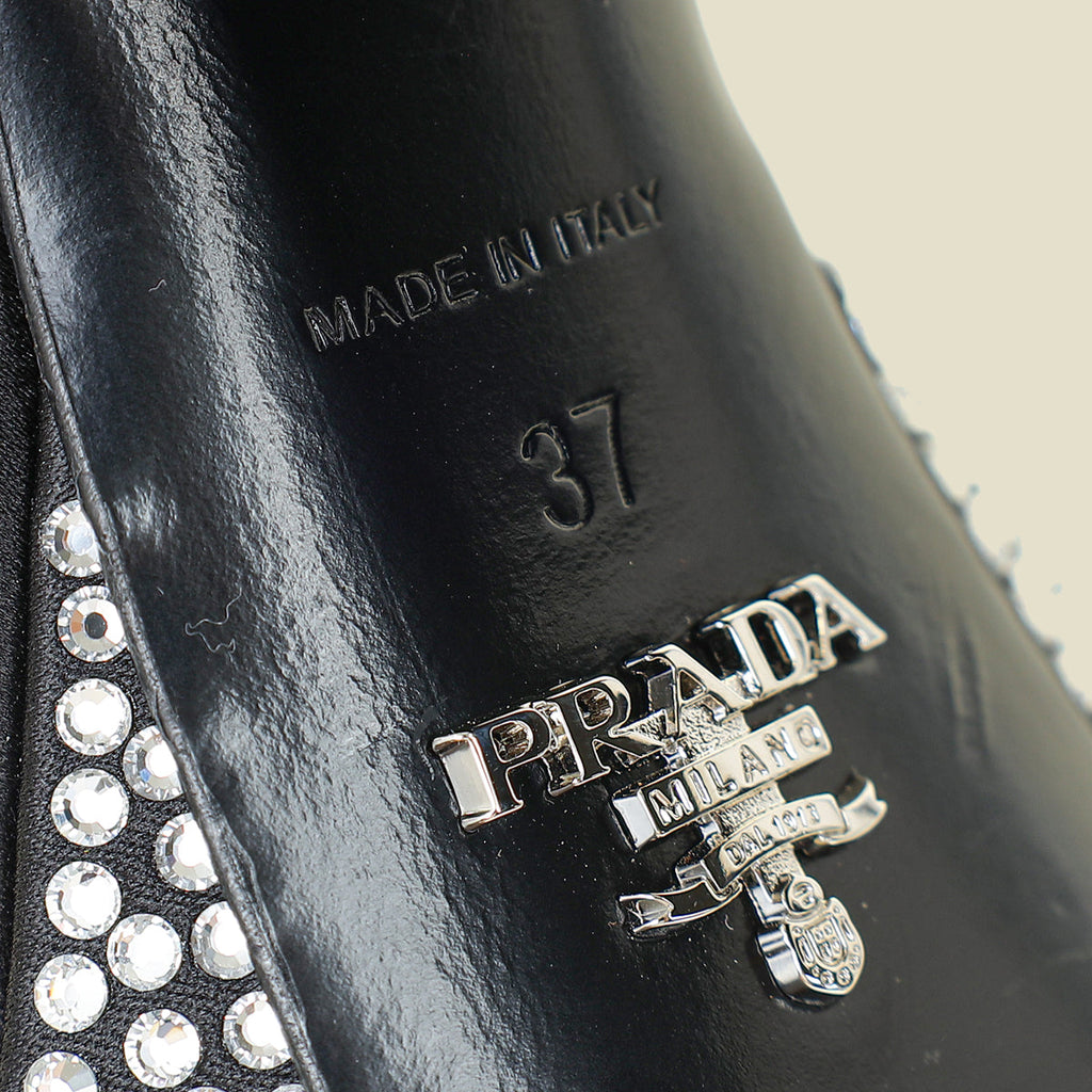Prada Black Crystal Satin Platform Sandals 37