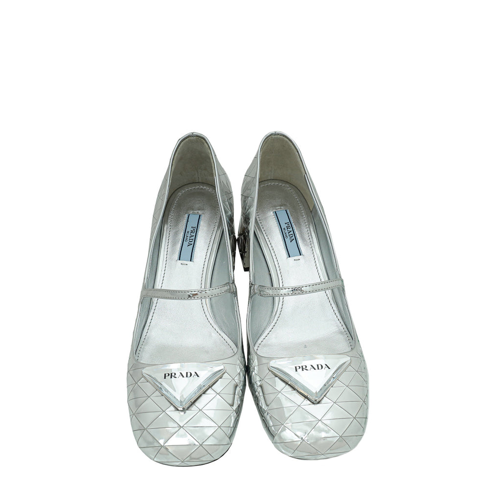 Prada Silver Logo Venice Metallic Mary Jane 37