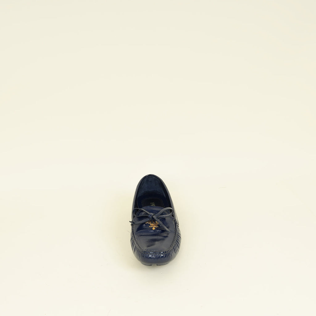 Prada Blue Vernice Bow Loafers 38.5