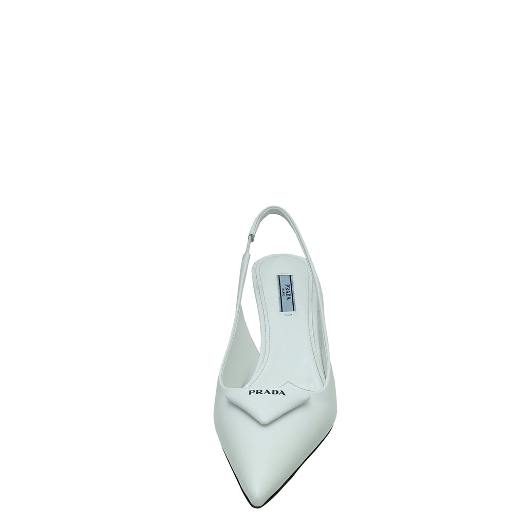 Prada White Logo Brushed Slingback Pump 38