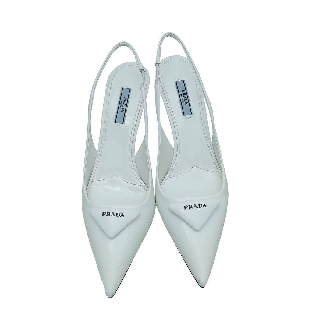 Prada White Logo Brushed Slingback Pump 38