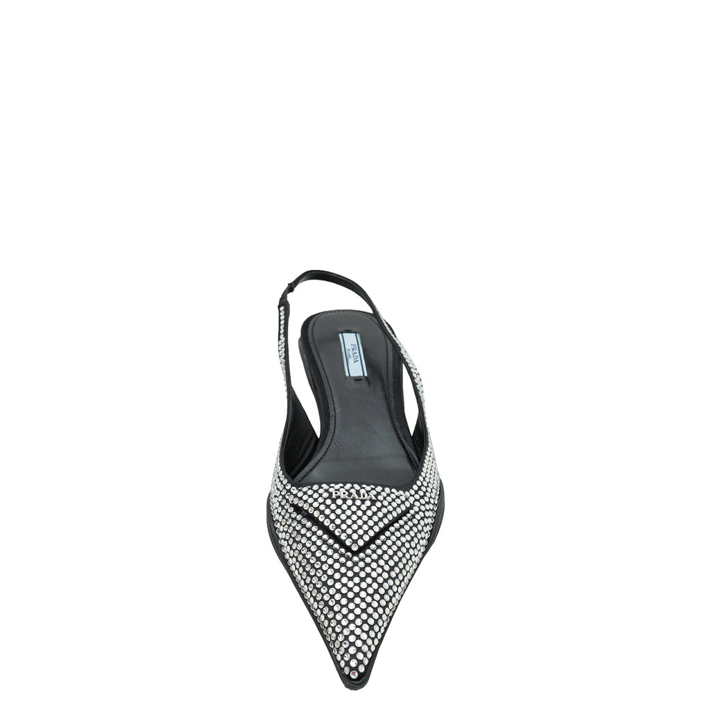 Prada Black Logo Satin Crystal Slingback Pump 39
