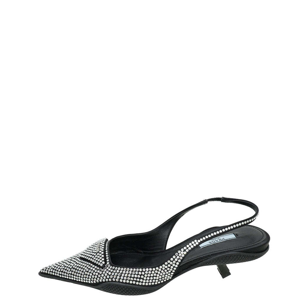 Prada Black Logo Satin Crystal Slingback Pump 39
