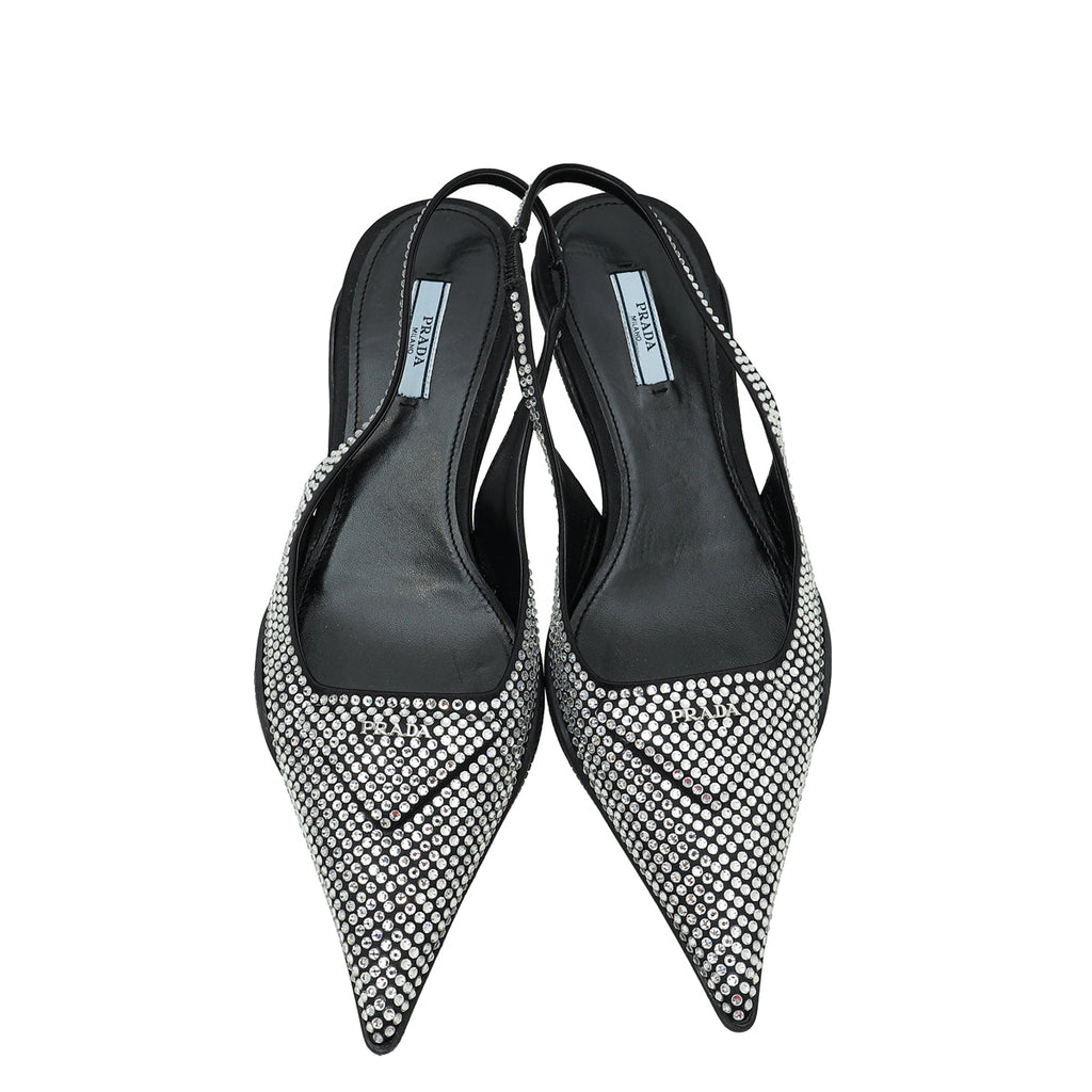 Prada Black Logo Satin Crystal Slingback Pump 39