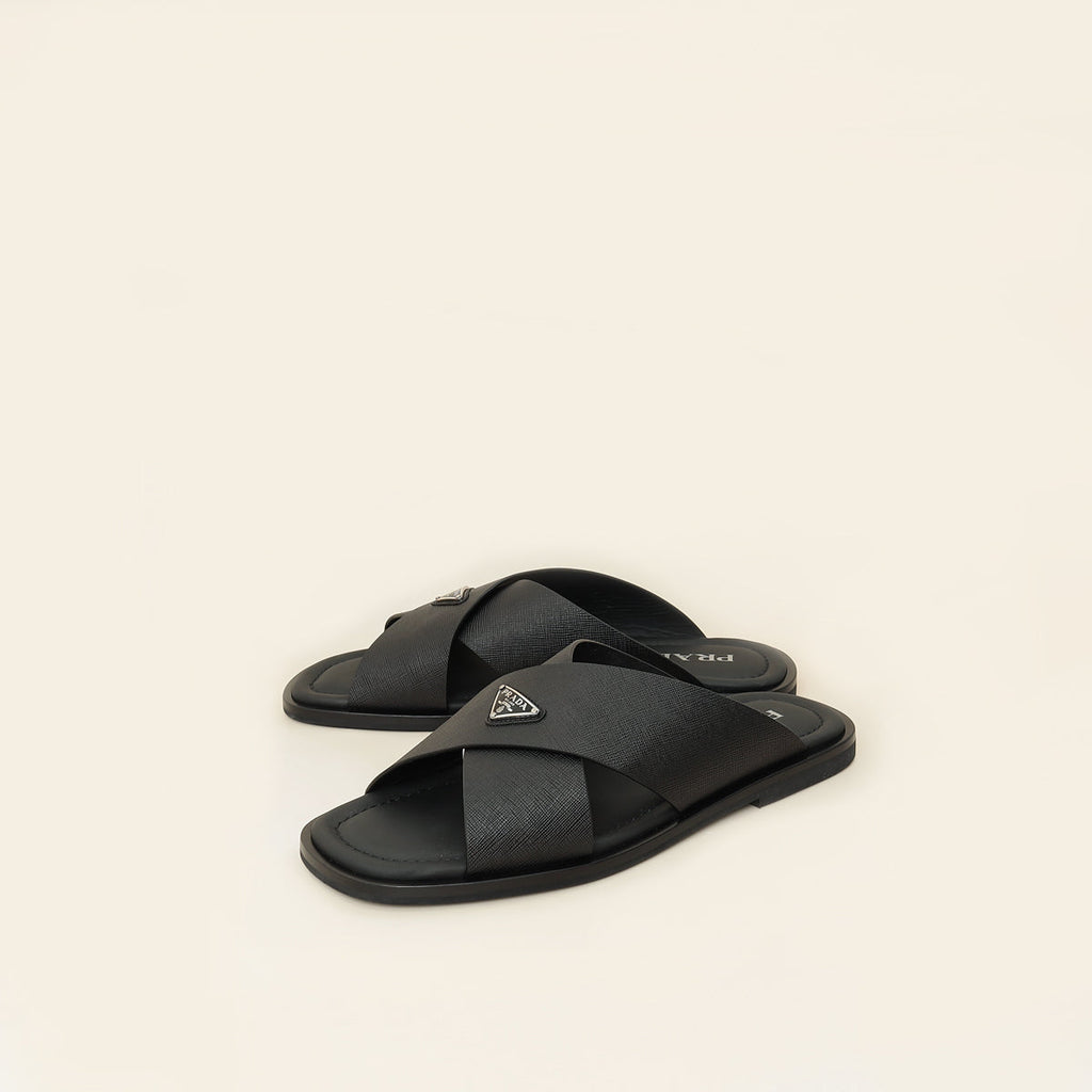 Prada Black Logo Crisscross Slides Men's Sandal 9.5