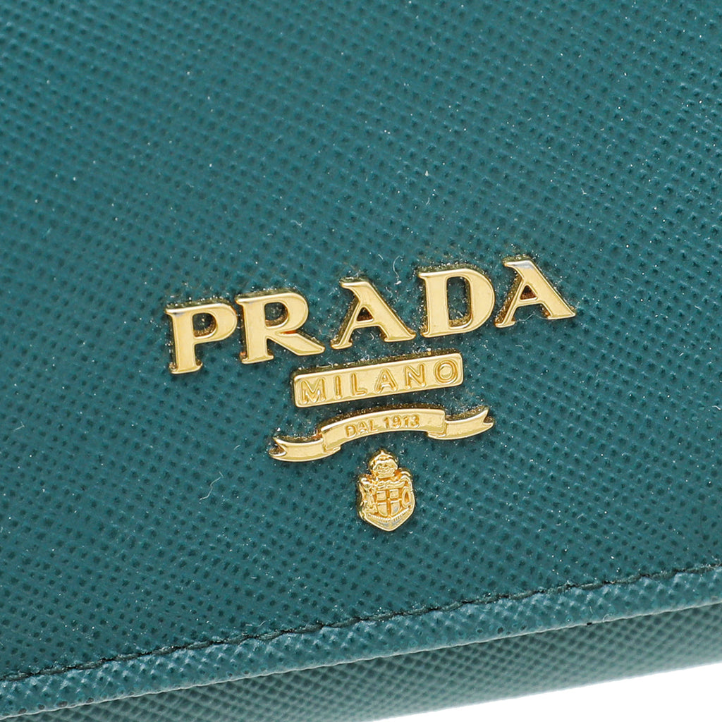 Prada Dark Teal Flap Wallet W/Detachable Card Case