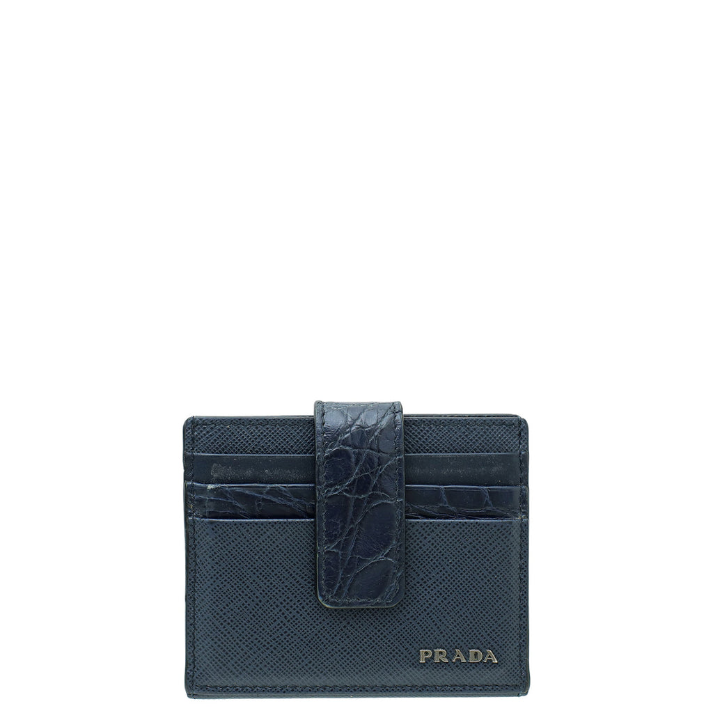 Prada Navy Blue Crocodile Bi-Fold Card Case Wallet