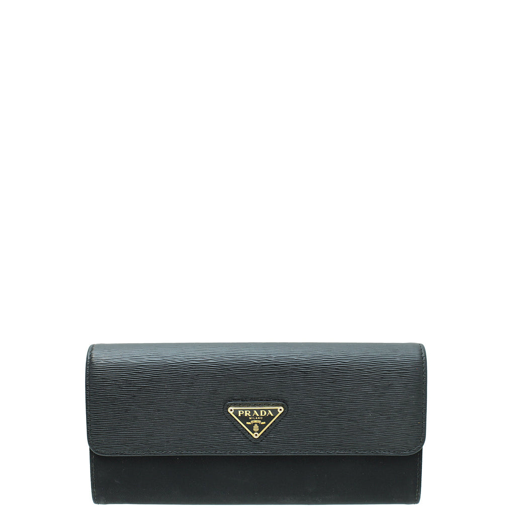 Prada Black Vitello and Tessuto Continental Wallet