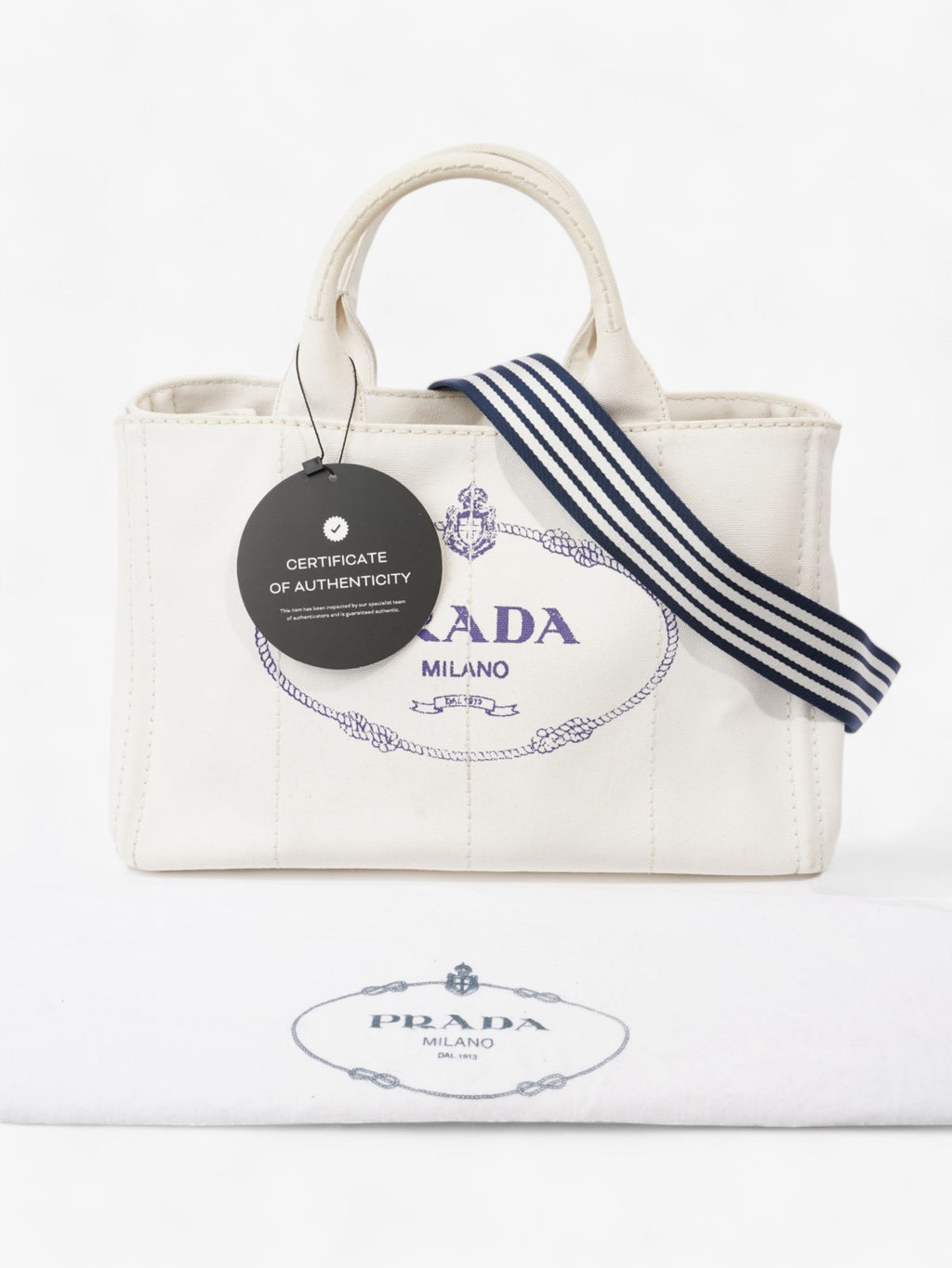 Prada Canapa Tote White / Navy Blue Canvas Medium