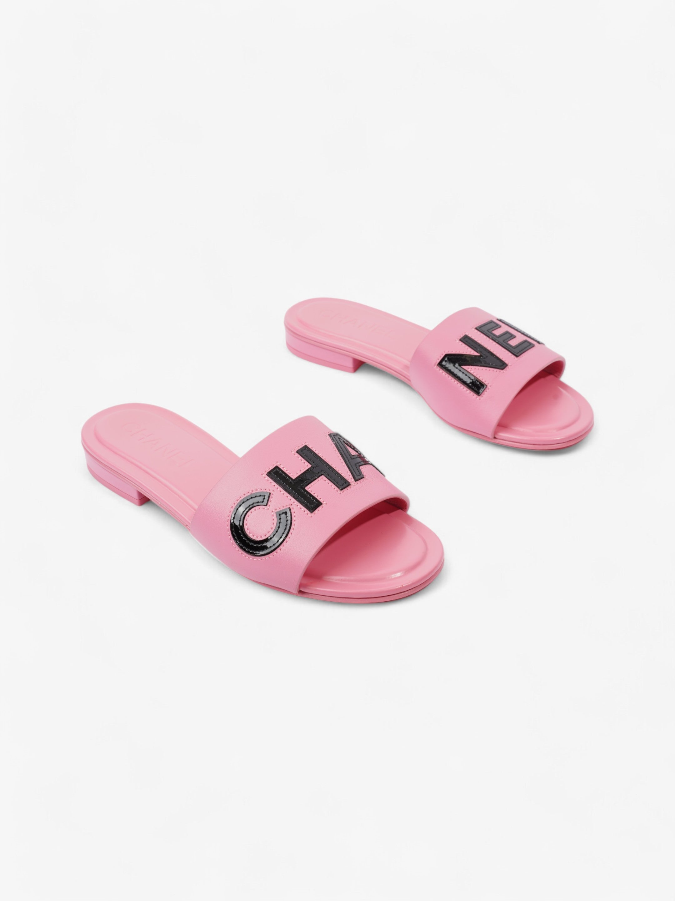 Chanel Logo Slides Pink / Black Leather EU 37 UK 4