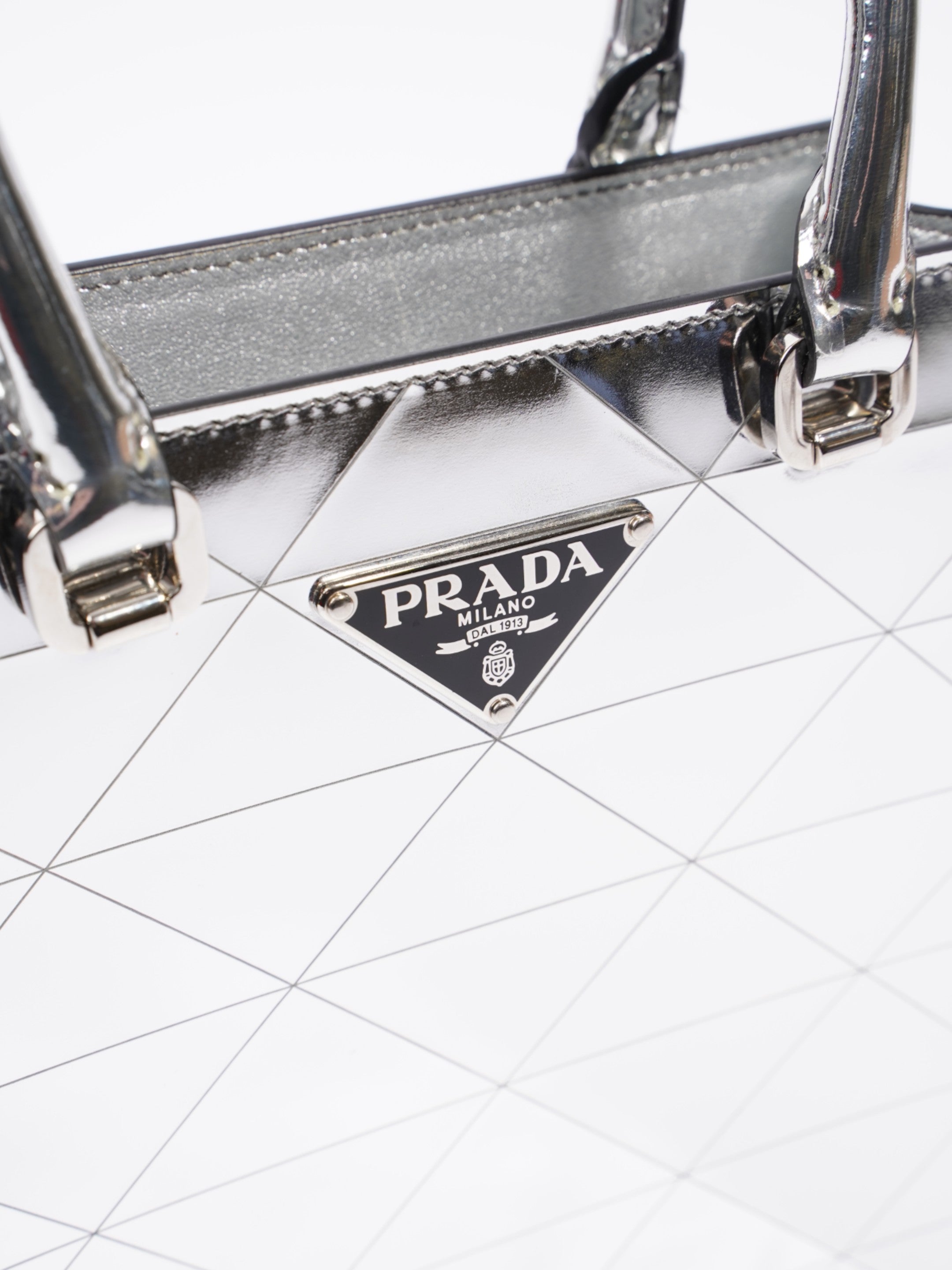 Prada Convertible Open Chain Tote Triangle Silver Leather Small