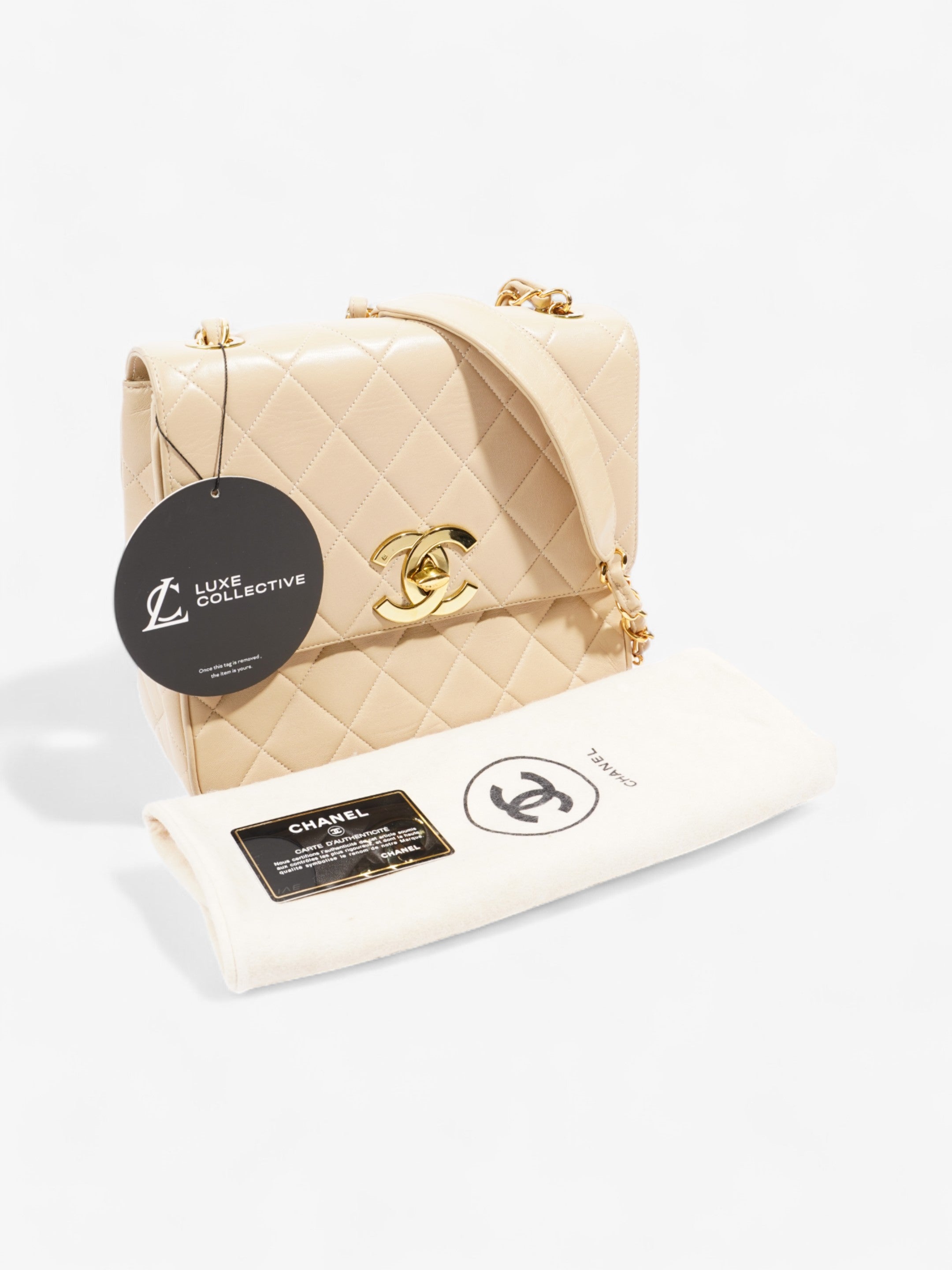 Chanel Vintage Square Flap Beige Lambskin Leather Jumbo