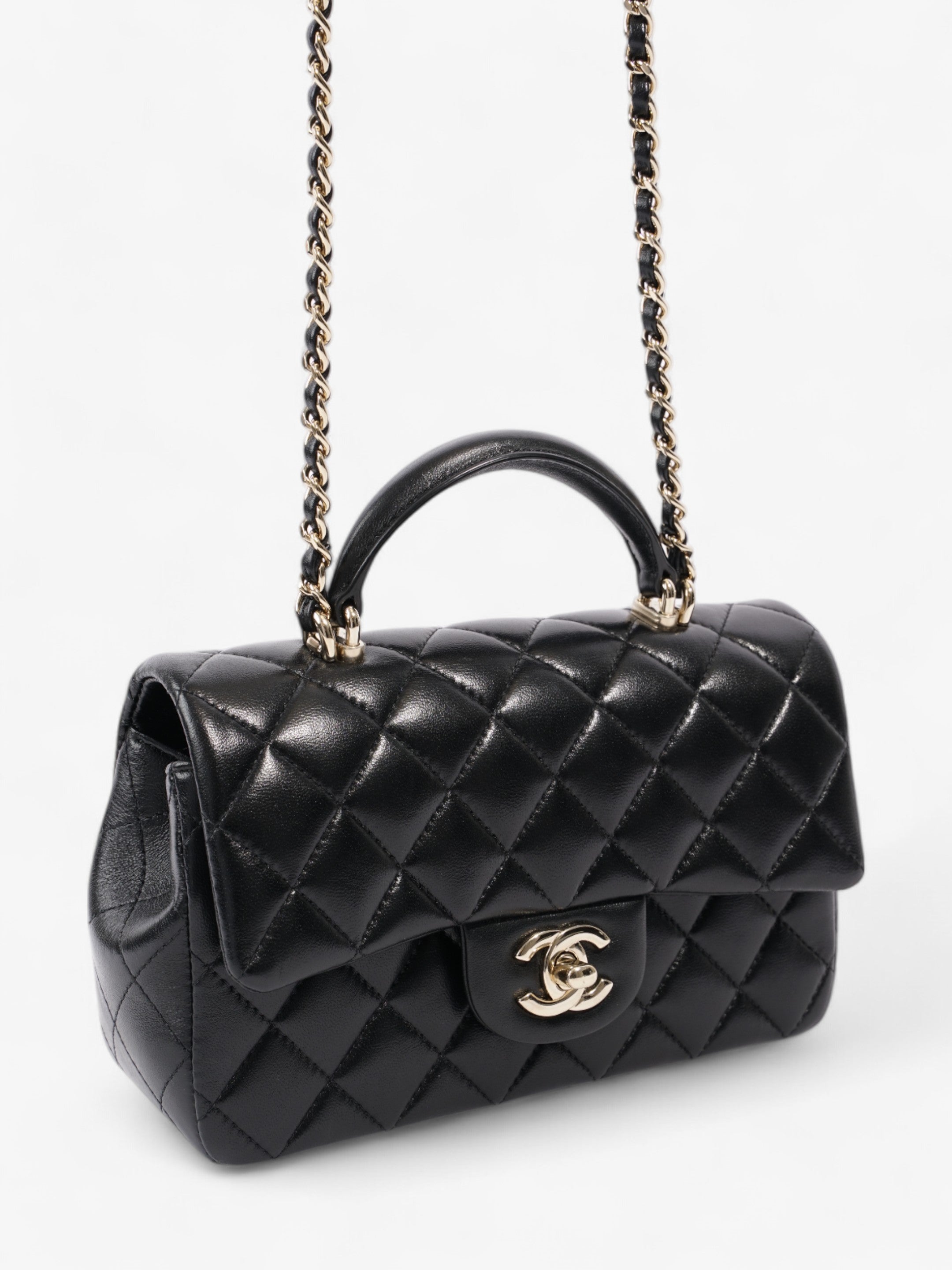 Chanel Rectangular Top Handle Bag Black Lambskin Leather Mini