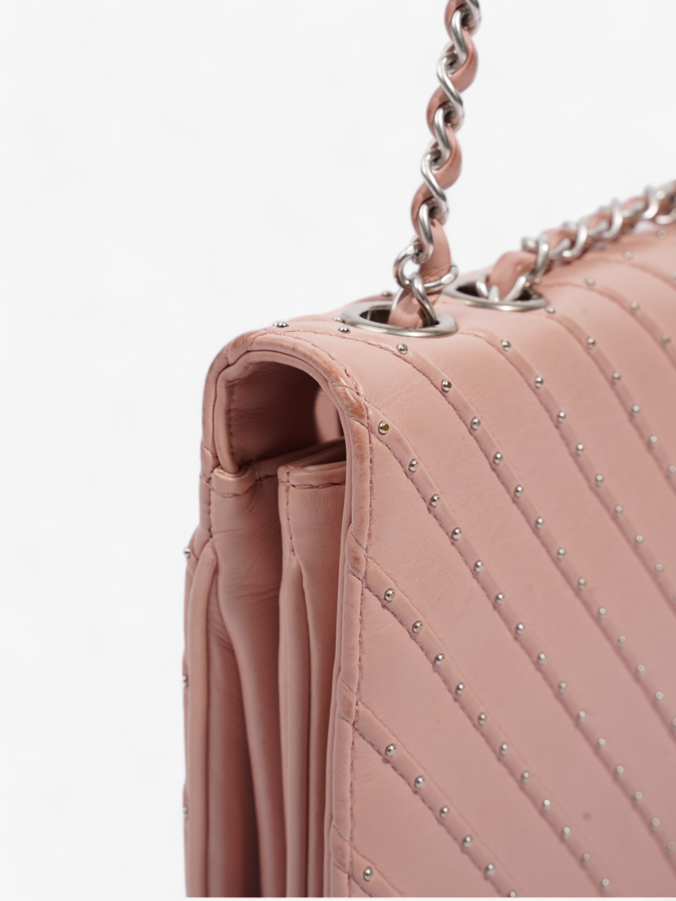 Chanel Studded Chevron Quilted Flap Pink Calfskin Leather