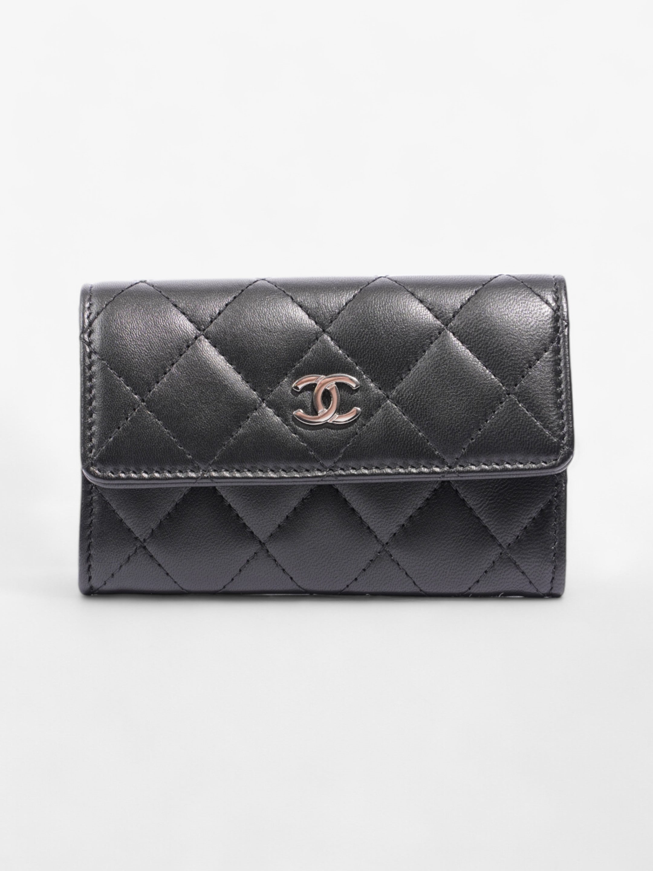 Chanel Interlocking CC Flap Card Holder Black / Silver Lambskin Leather Small