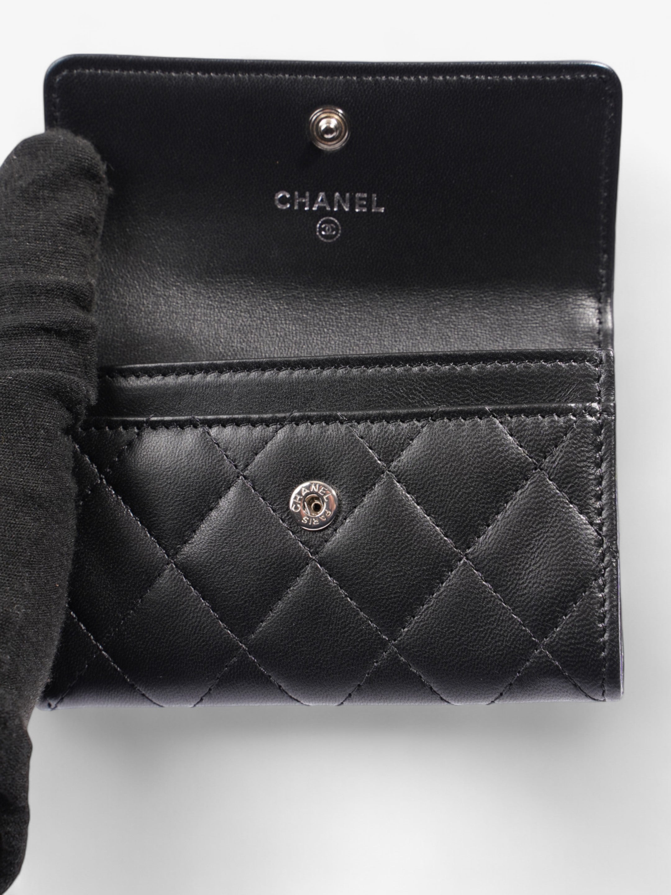Chanel Interlocking CC Flap Card Holder Black / Silver Lambskin Leather Small