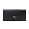 Nero Saffiano Triangle Leather Large Flap Wallet (Goldtone Metal Hardware)