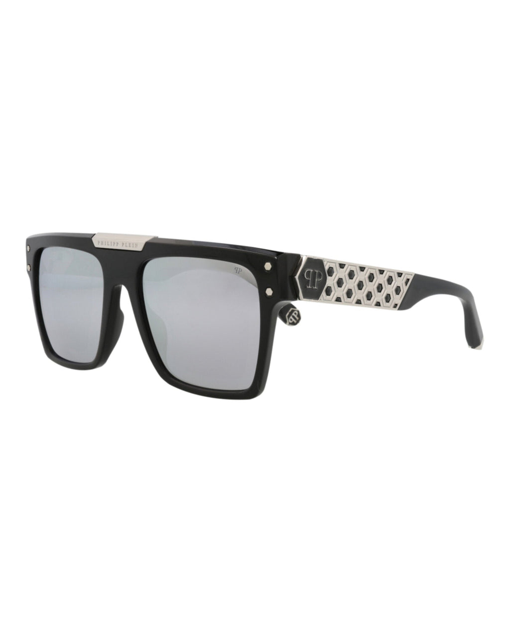Philipp Plein Unisex Square/Rectangle Black Black Silver Fashion Designer Eyewear