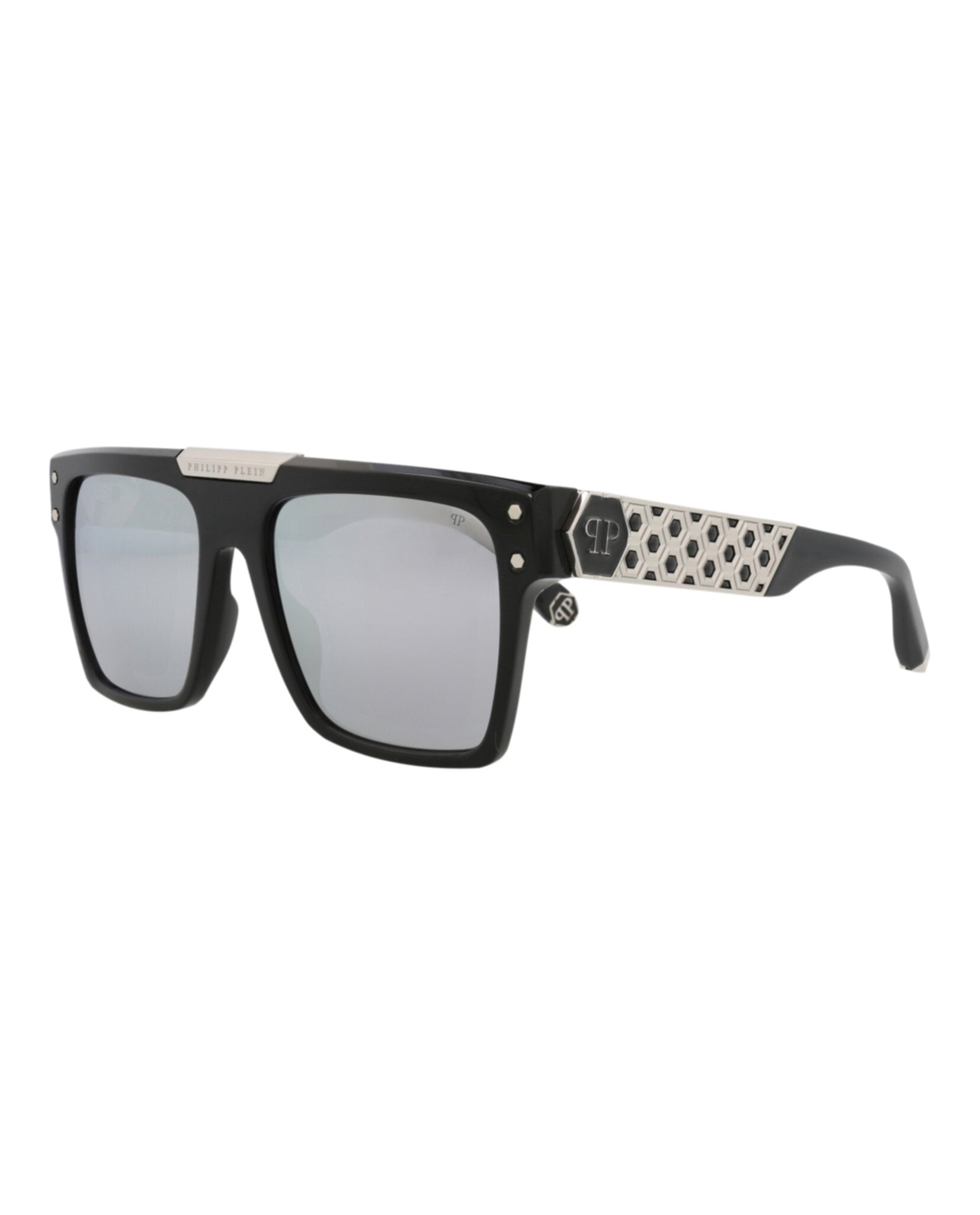 Philipp Plein Unisex Square/Rectangle Black Black Silver Fashion Designer Eyewear