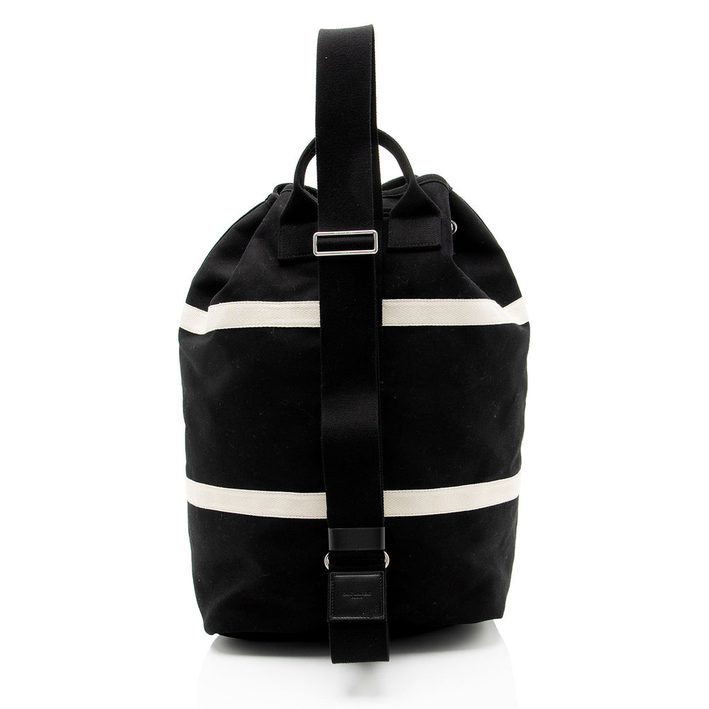 Saint Laurent Canvas Embroidered Rive Gauche Drawstring Sling Bag
