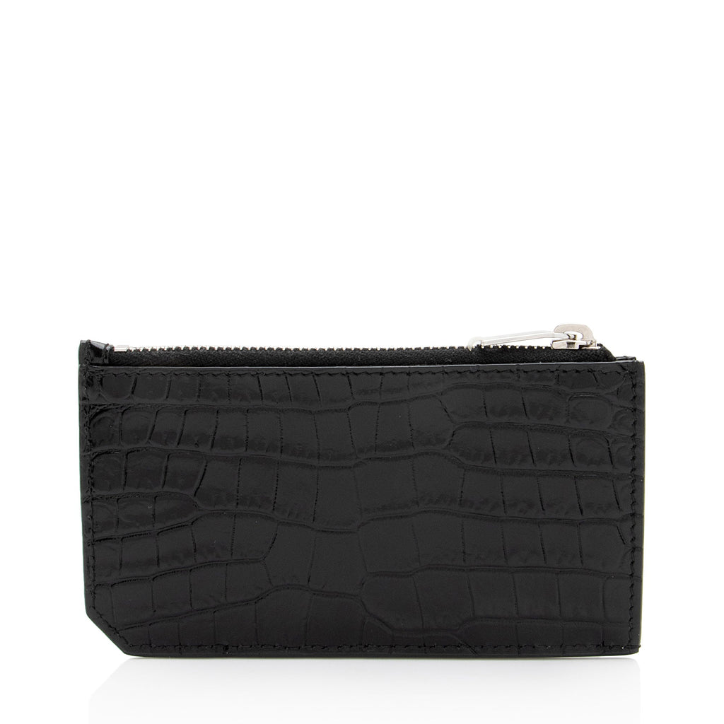 Saint Laurent Croc Embossed Leather Fragments Zipper Card Case