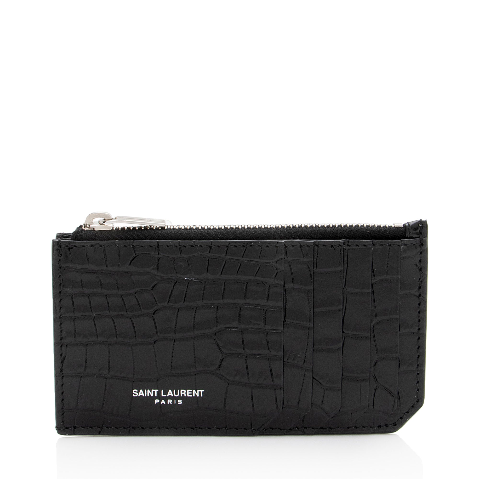 Saint Laurent Croc Embossed Leather Fragments Zipper Card Case