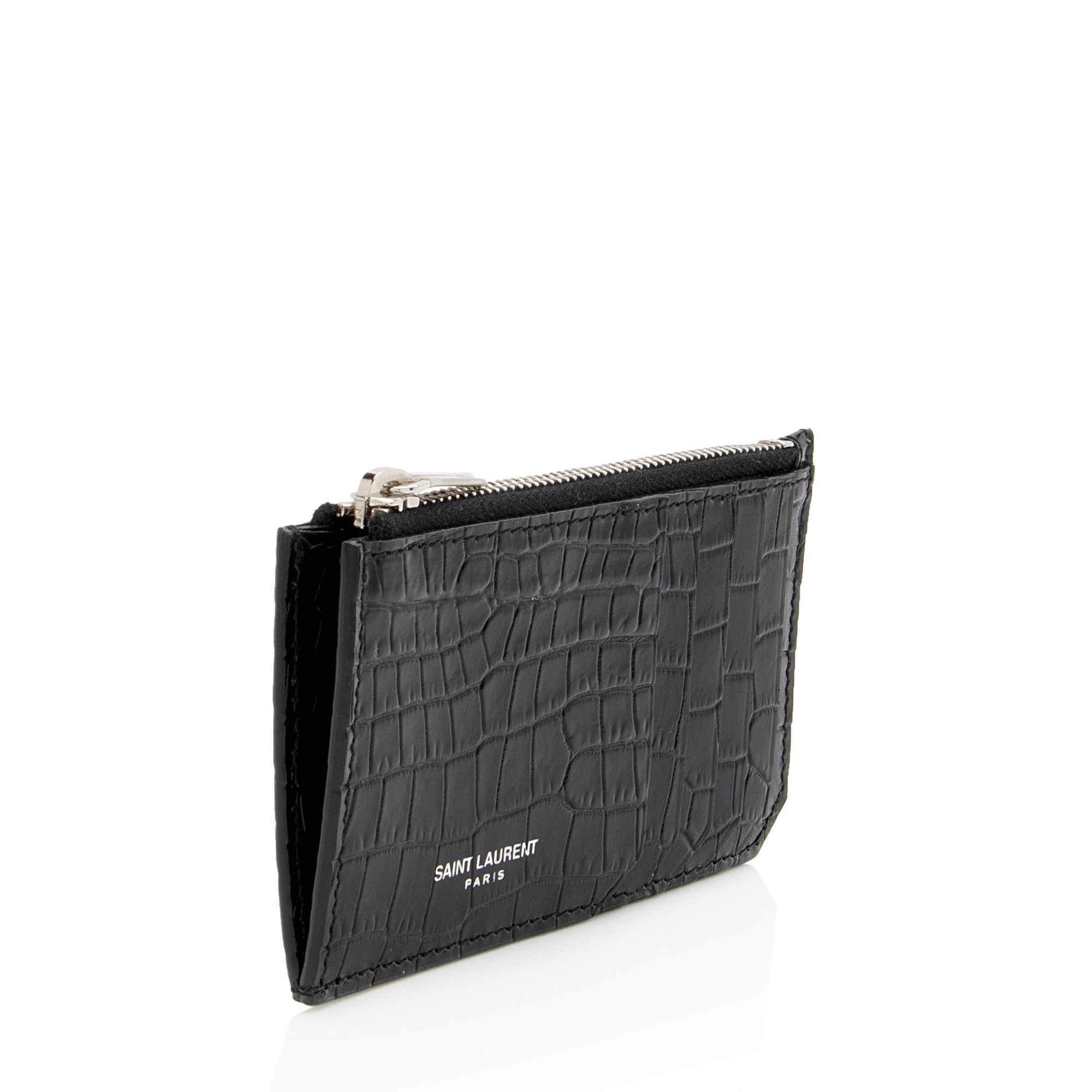 Saint Laurent Croc Embossed Leather Fragments Zipper Card Case