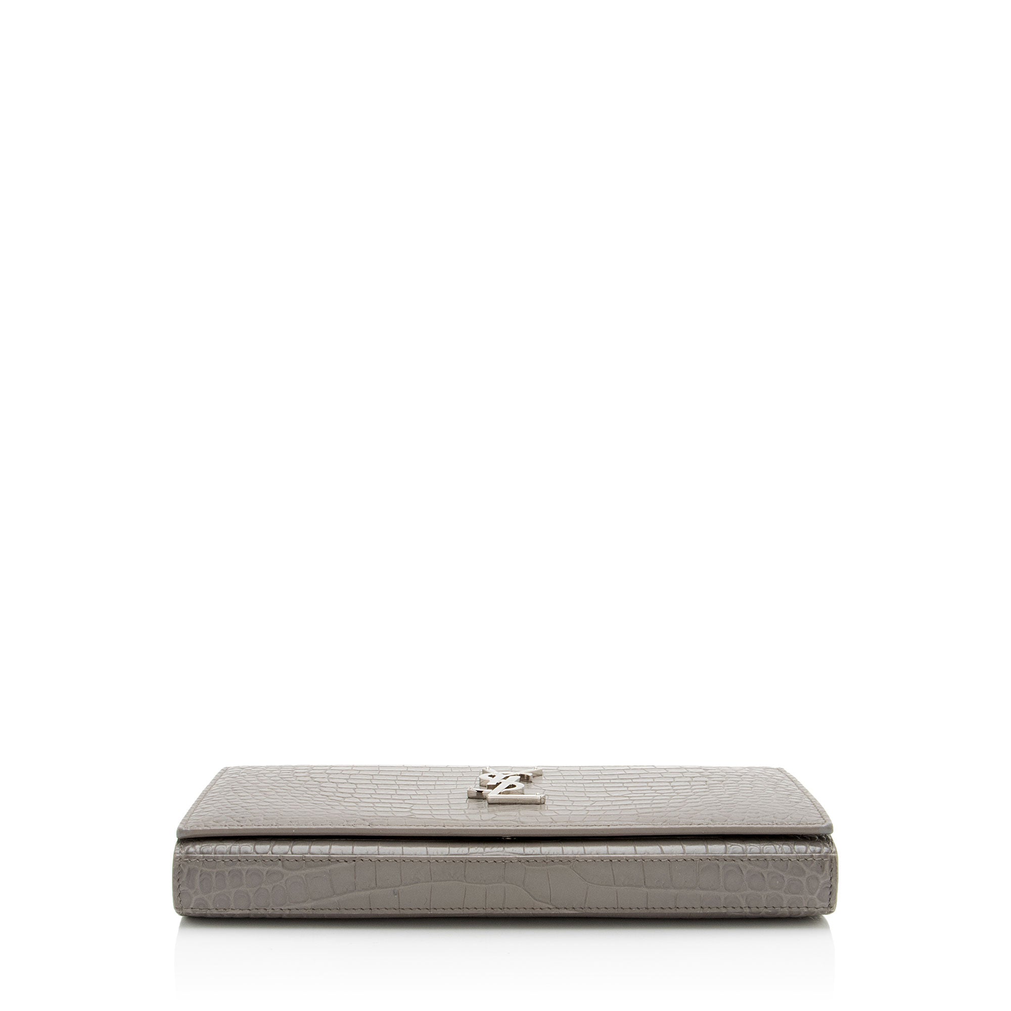 Saint Laurent Croc Embossed Leather Monogram Chain Wallet
