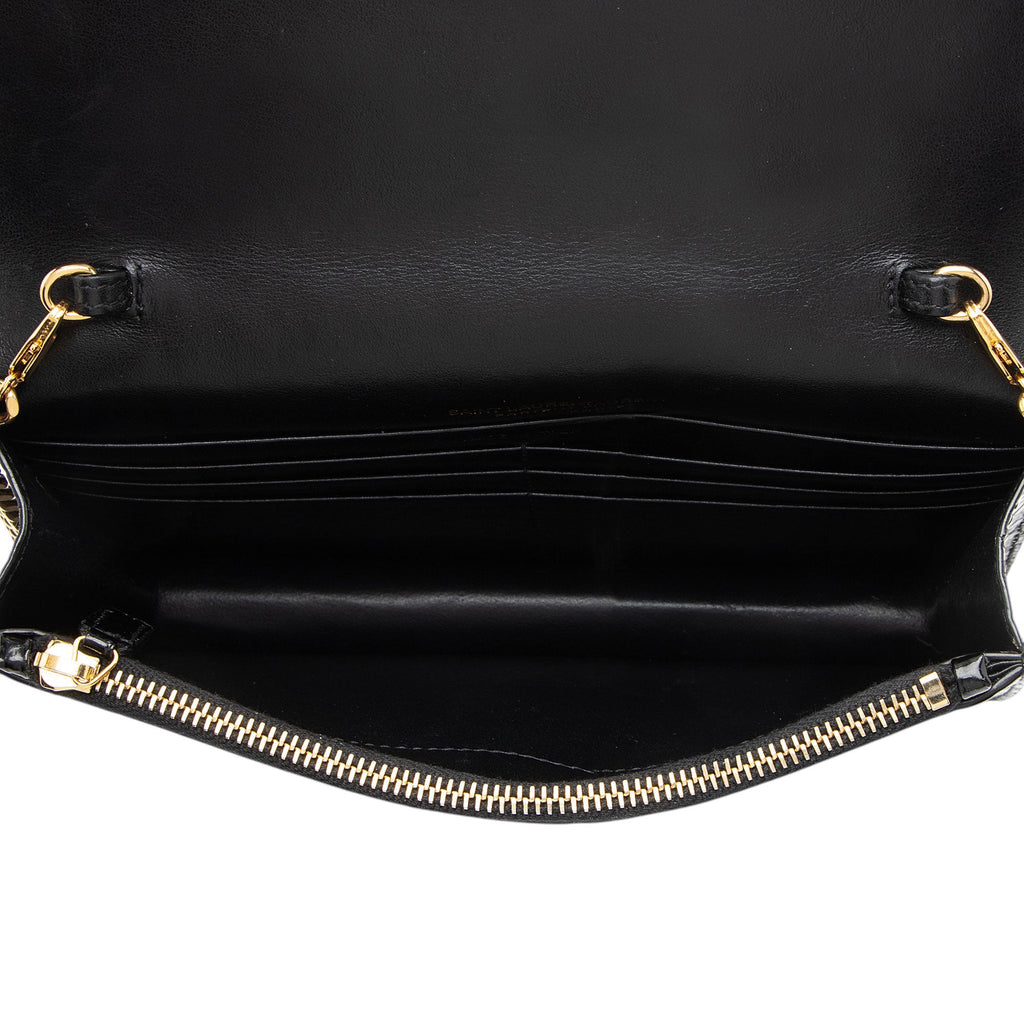 Saint Laurent Croc Embossed Leather Monogram Kate Tassel Chain Wallet