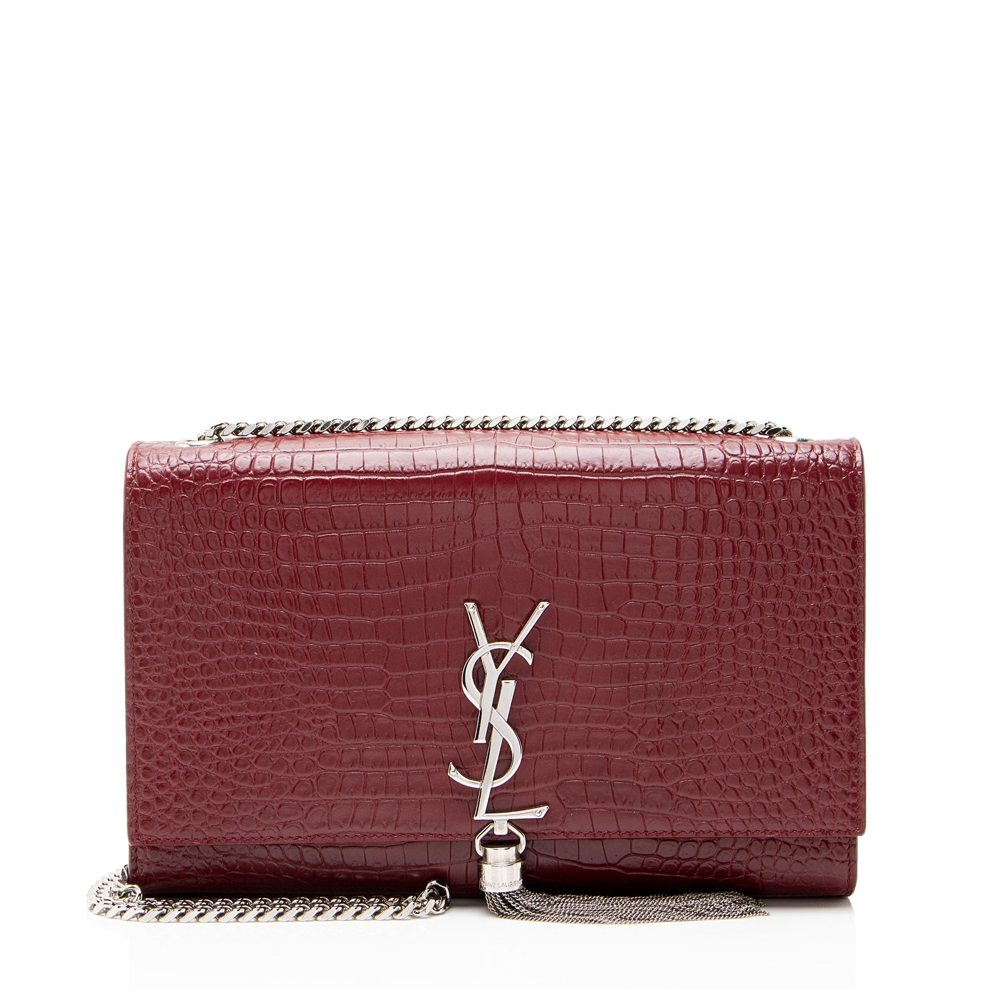 Saint Laurent Croc Embossed Leather Monogram Kate Tassel Medium Shoulder Bag