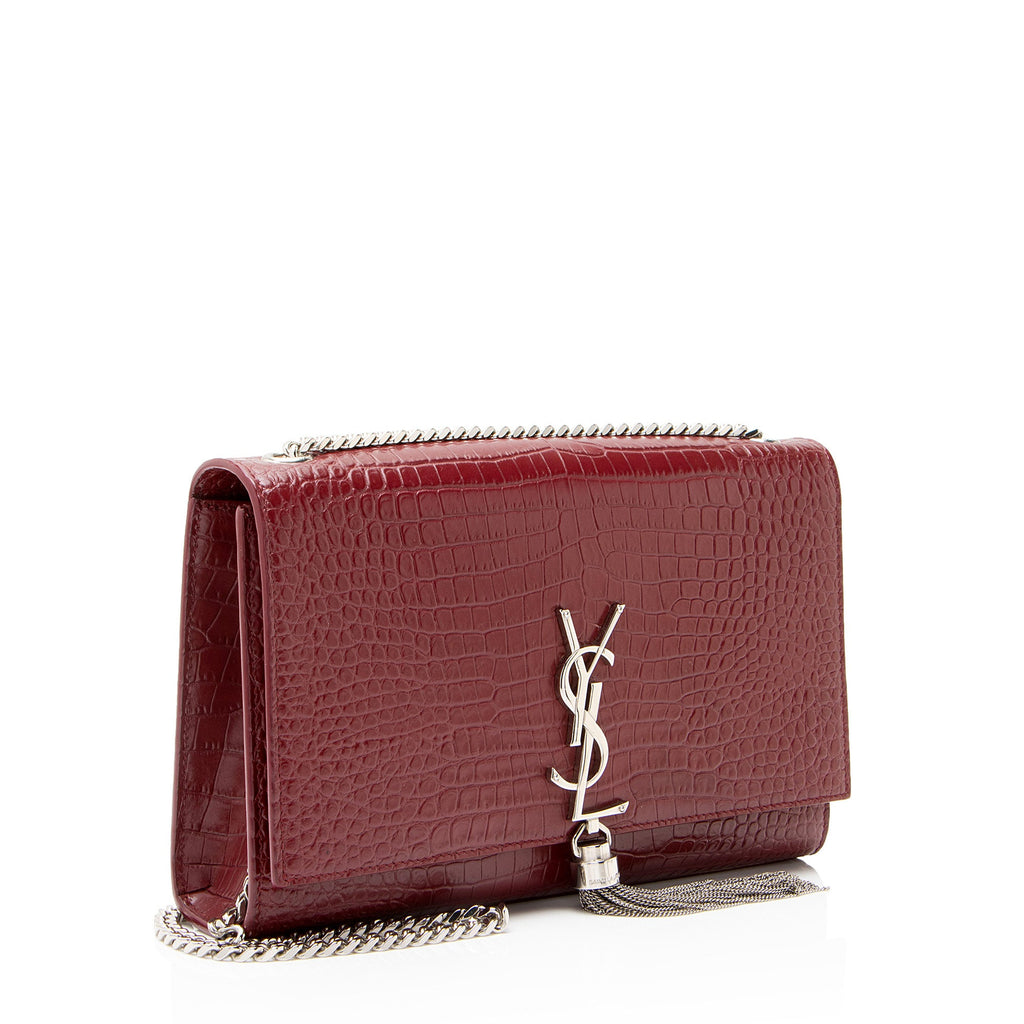 Saint Laurent Croc Embossed Leather Monogram Kate Tassel Medium Shoulder Bag