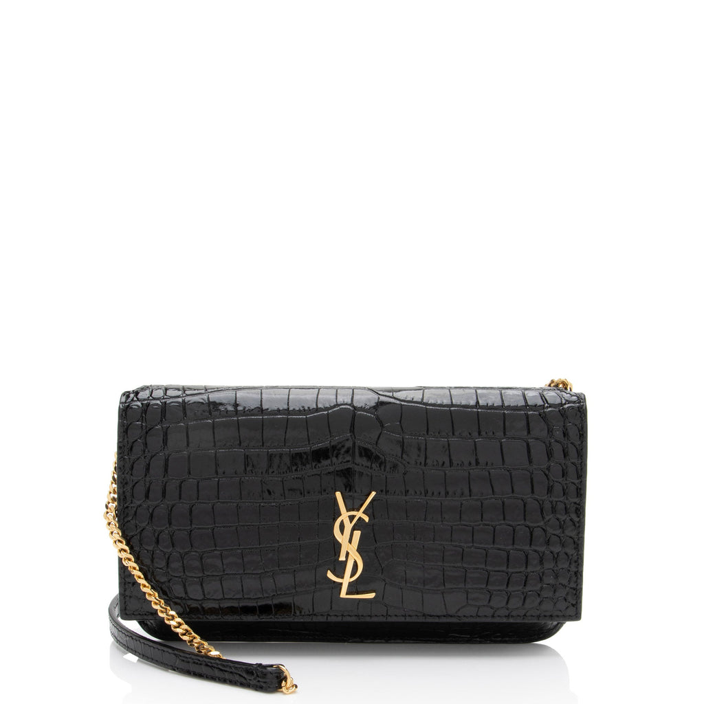 Saint Laurent Croc Embossed Monogram Phone Holder Shoulder Bag