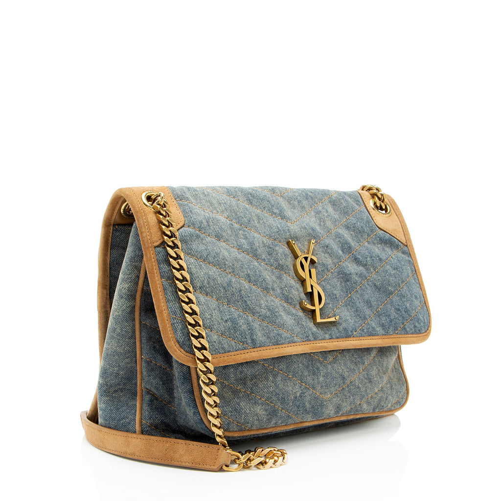 Saint Laurent Denim Suede Monogram Niki Medium Shoulder Bag