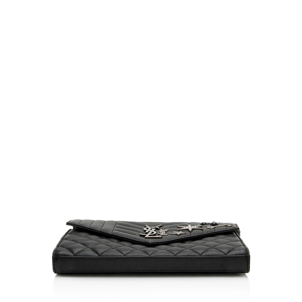 Saint Laurent Mixed Matelasse Grain de Poudre Embellished Monogram Chain Wallet