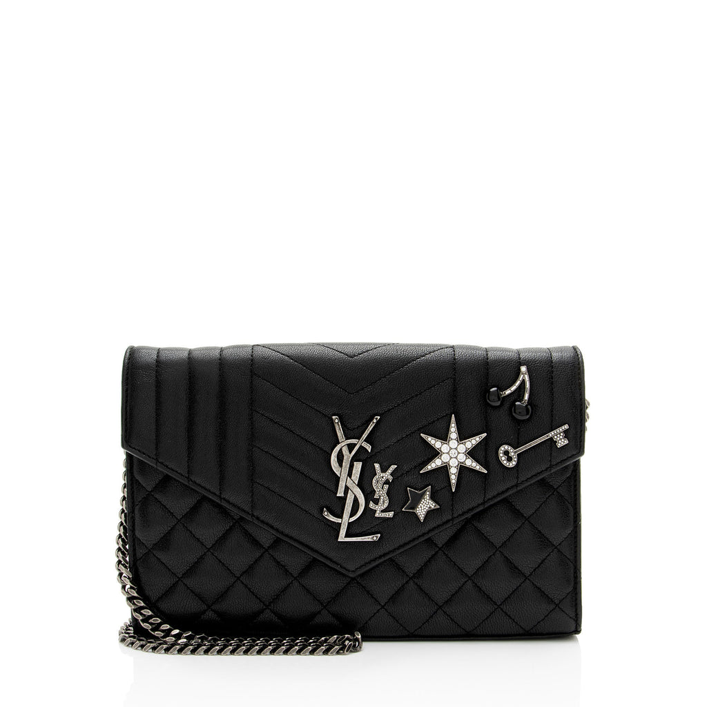 Saint Laurent Mixed Matelasse Grain de Poudre Embellished Monogram Chain Wallet