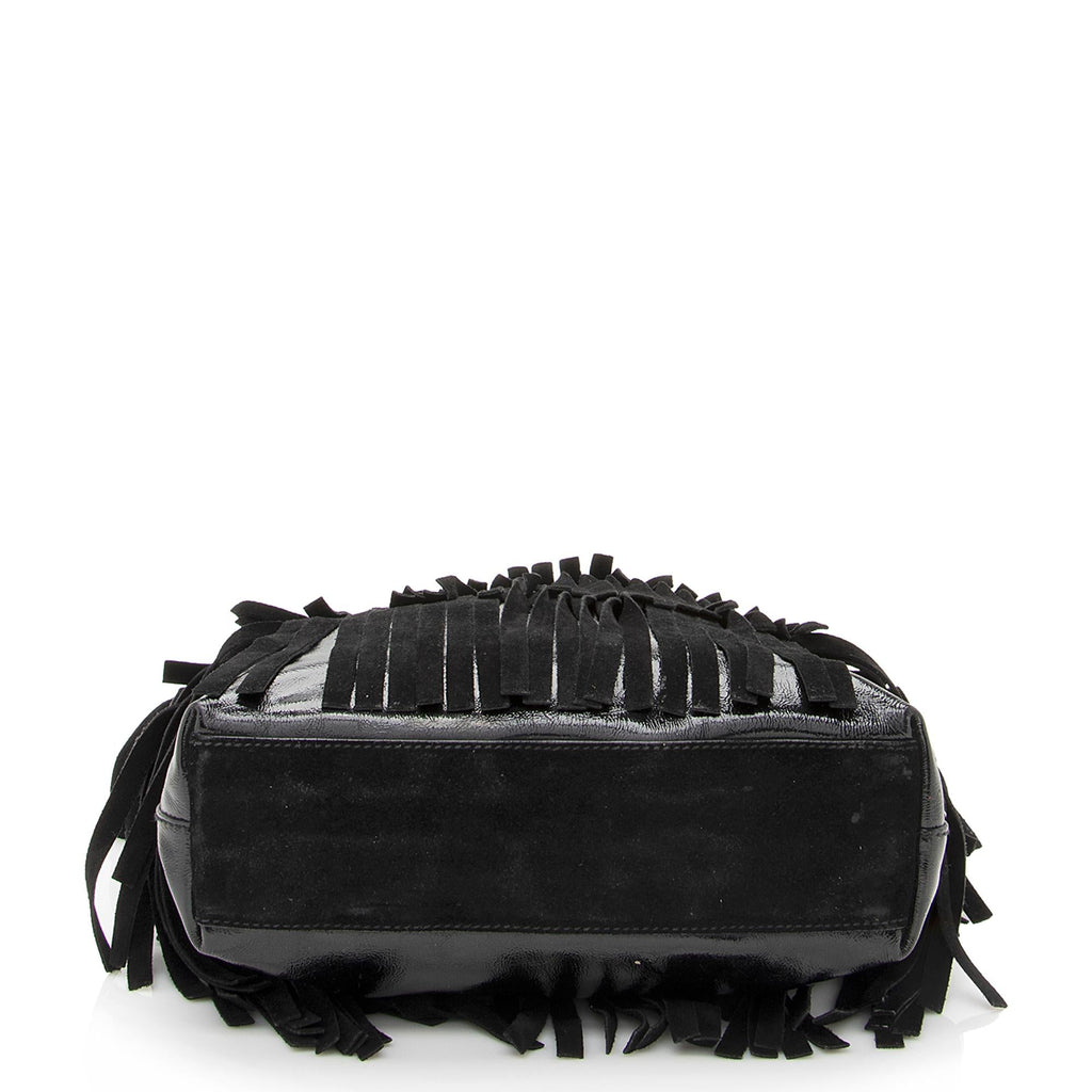 Saint Laurent Patent Leather Suede Fringe Tote (SHF-22368)